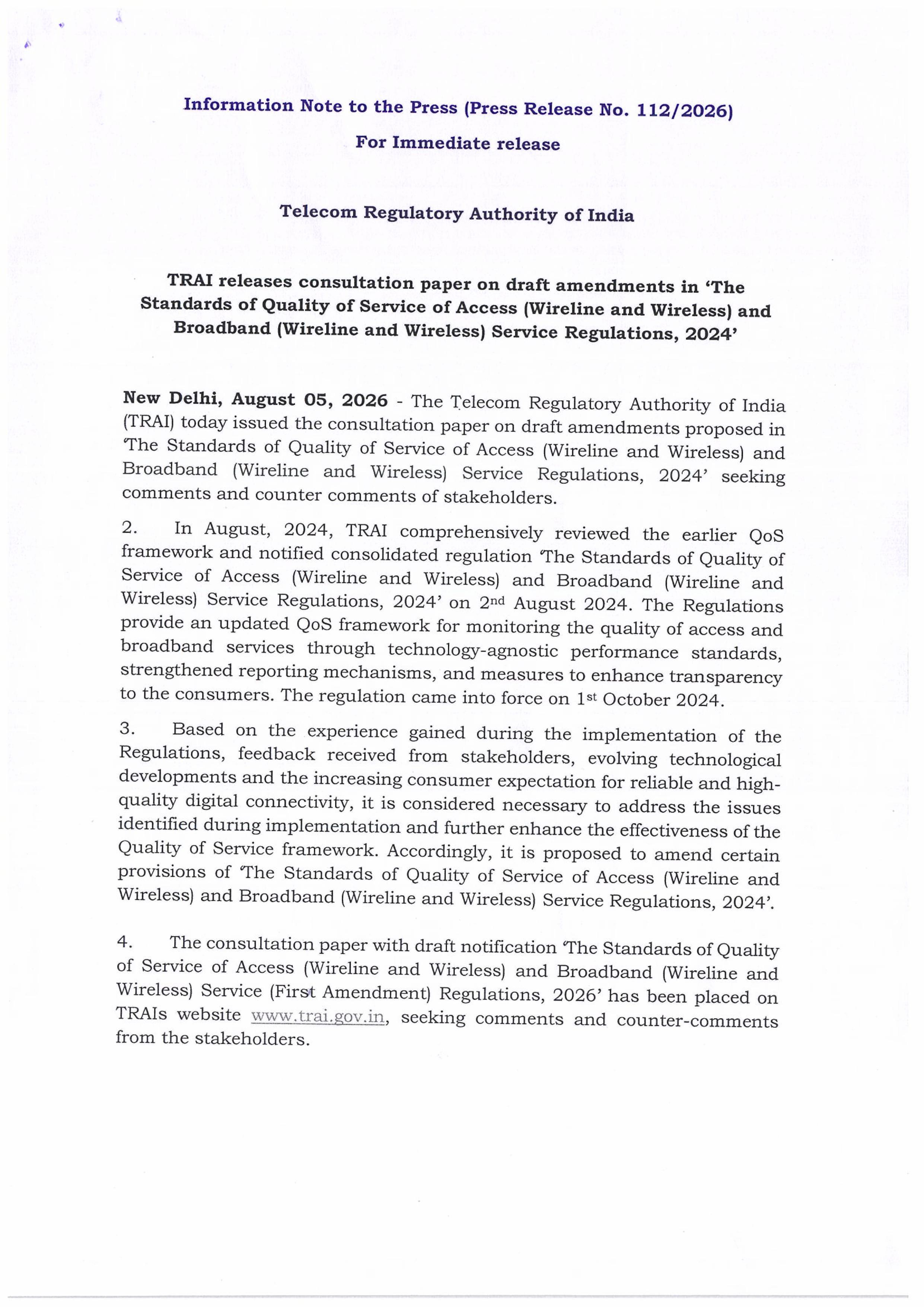 TRAI Proposes Amendments to QoS Regulations 2026